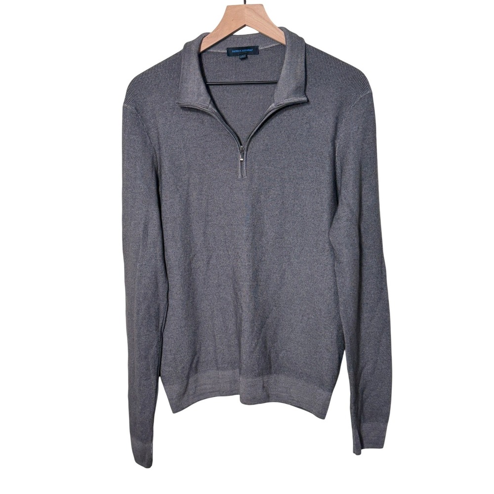 Patrick Assaraf Mens Grey Textured Knit Quarter Zip Merino Wool Sweater Size L‎